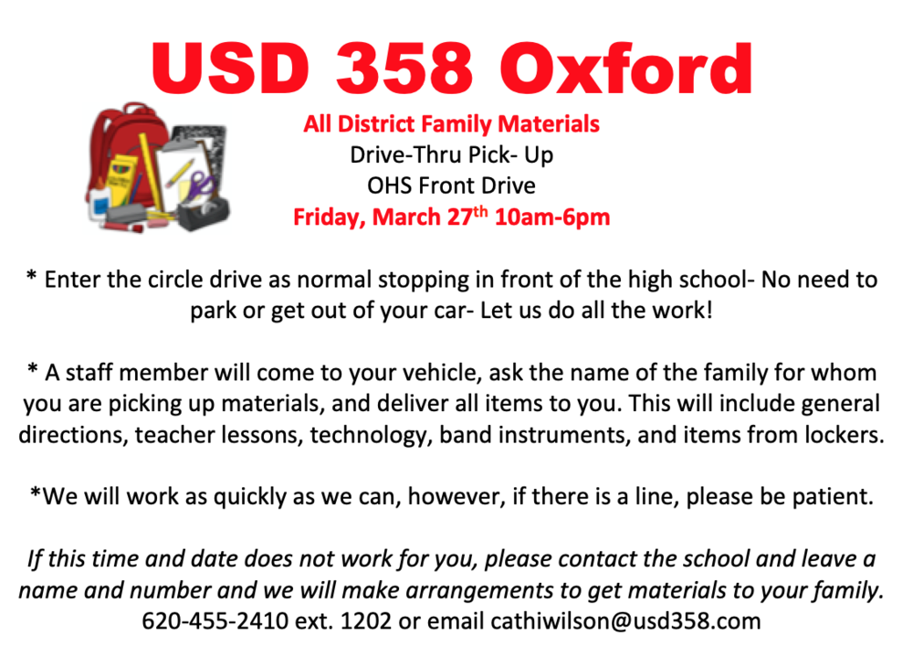 Materials Pick-Up Friday, March 27th. 