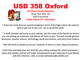 Materials Pick-Up Friday, March 27th.
